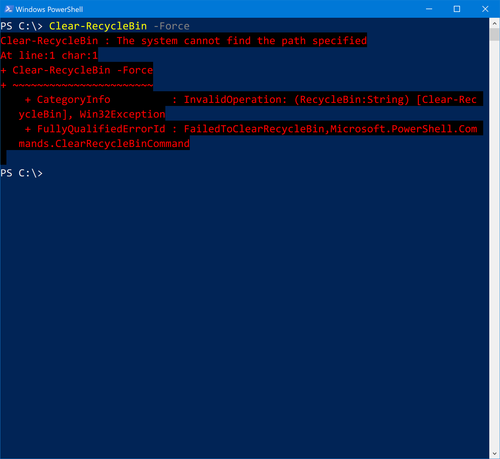 PowerShell codebase misuses SHEmptyRecycleBin function in Clear-RecycleBin cmdlet