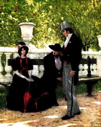 题图：Marius 在 Jardin du Luxembourg 路过 Cosette 和 Jean Valjean